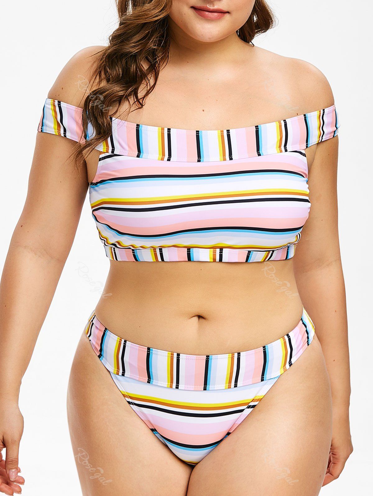

Rainbow Striped Plus Size Off The Shoulder Bikini Set, Multi