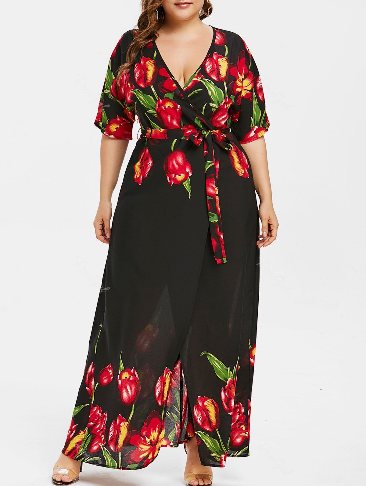 

Plus Size Floral Surplice Slit Dress, Black