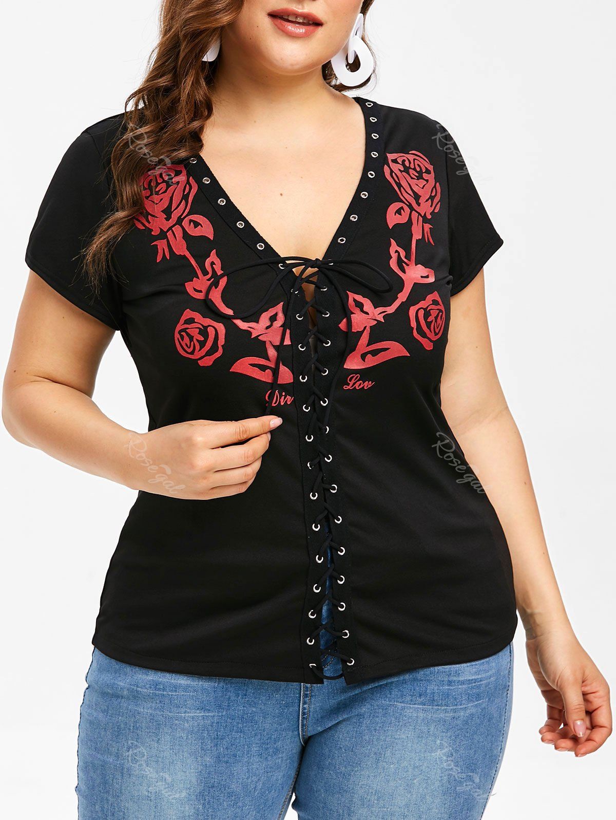 

Plus Size Lace Up Floral Print T-shirt, Black