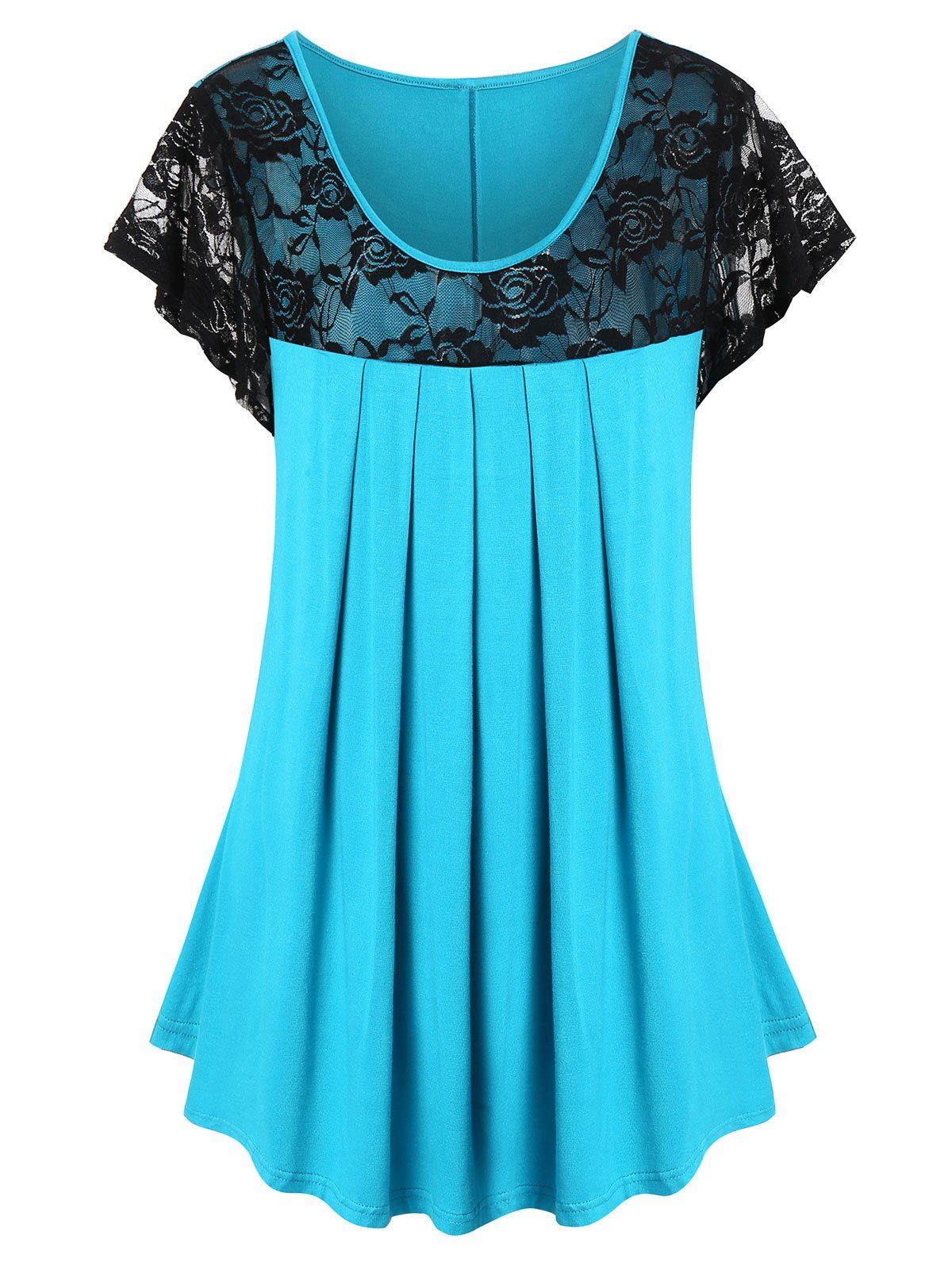

Plus Size Lace Insert Pleated Sheer T Shirt, Deep sky blue