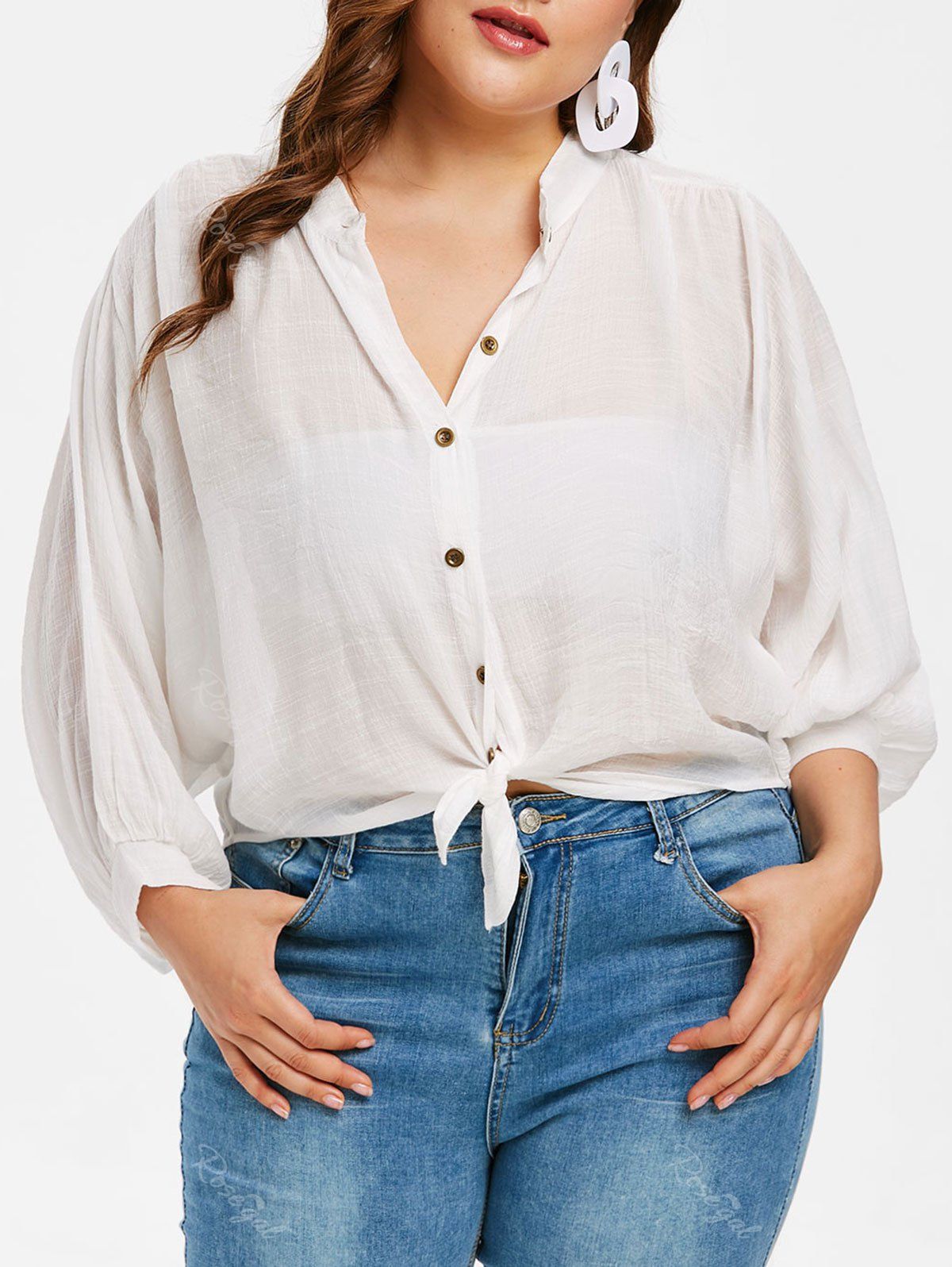 

Button Up Plus Size Puff Sleeve Shirt, White