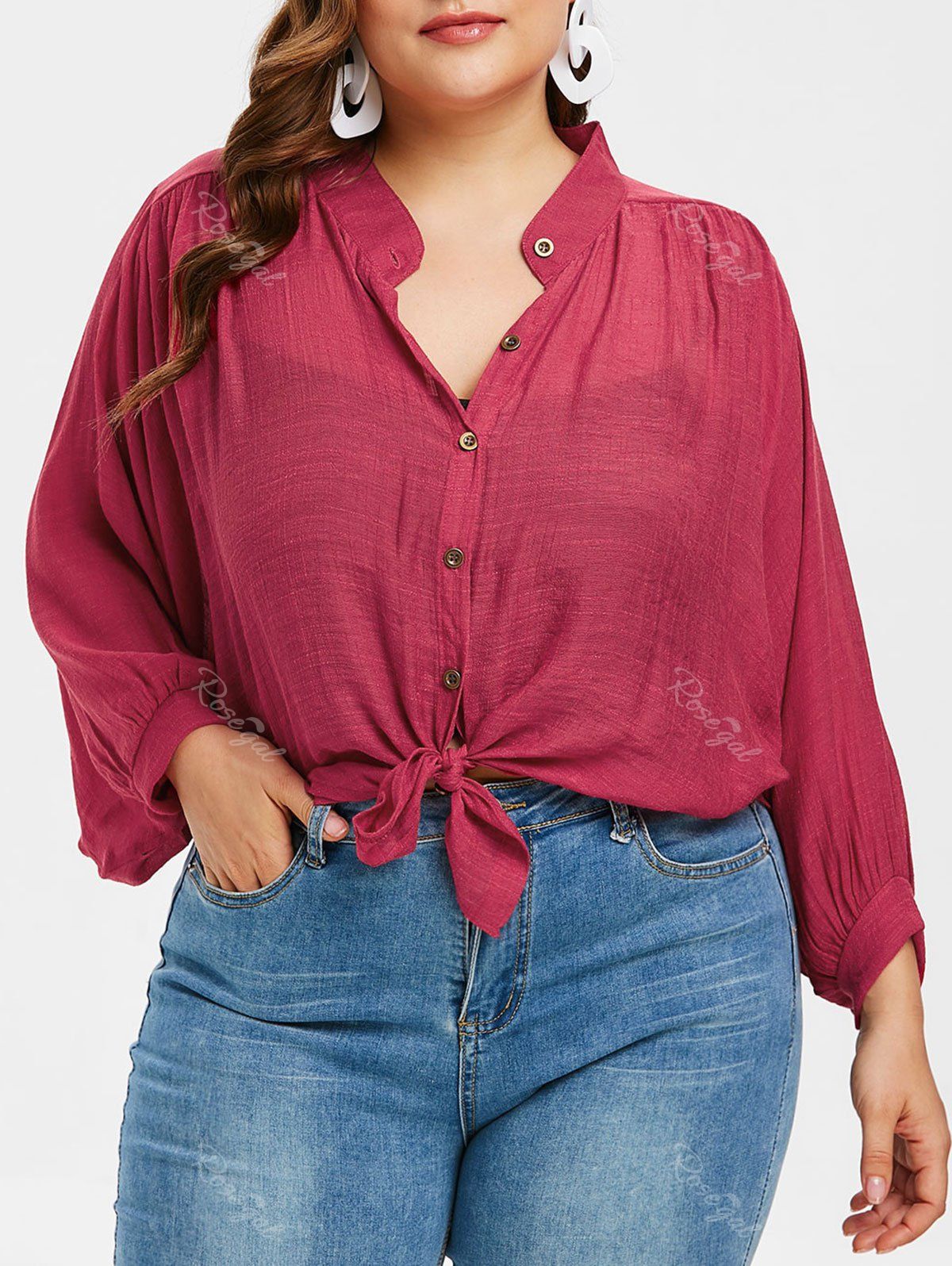 

Button Up Plus Size Puff Sleeve Shirt, Red wine