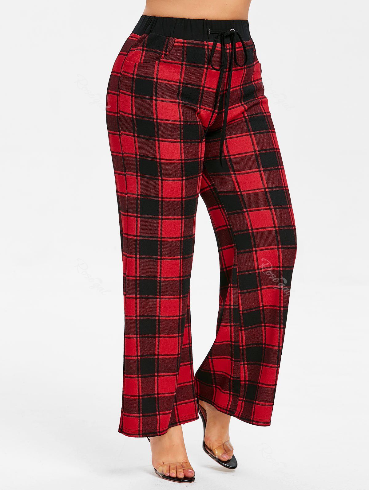 

Drawstring Plaid Plus Size Palazzo Pants, Multi