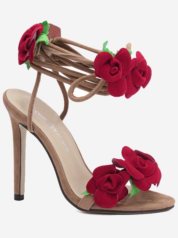 

Flower Design Ankle Wrap Heeled Sandals, Red