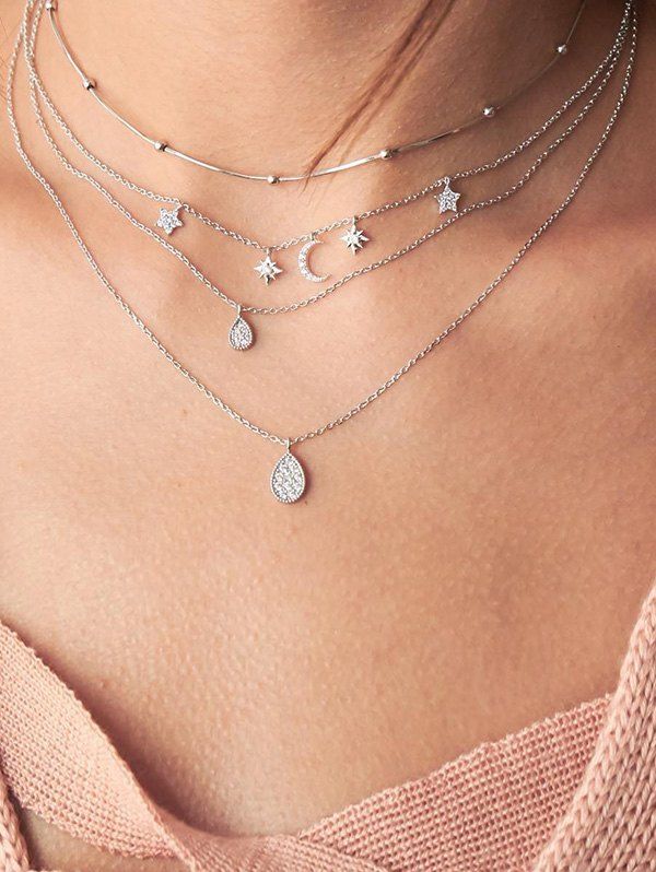 

Star Moon Water Drop Layers Necklace, Silver