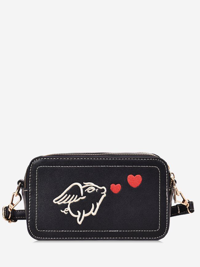 

Piggy Embroidered Crossbody Bag, Black