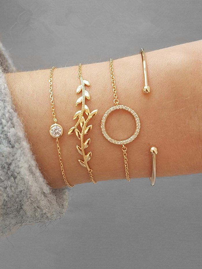 

Rhinestone Leaf Design Bracelets Set, Gold