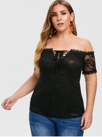 

Rosegal Rosegal Lace-up Plus Size Lace Top, Black