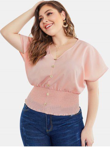 

Buttons Smocked Plus Size Blouse, Pink