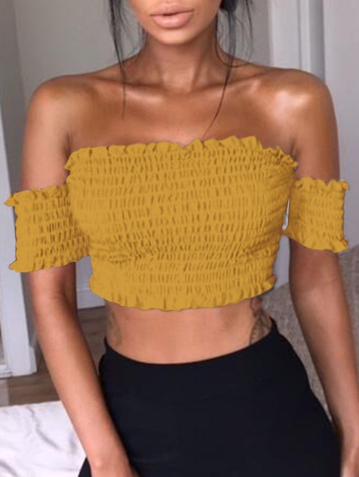 

Ruffle Off The Shoulder Smocked Crop Top, Yellow