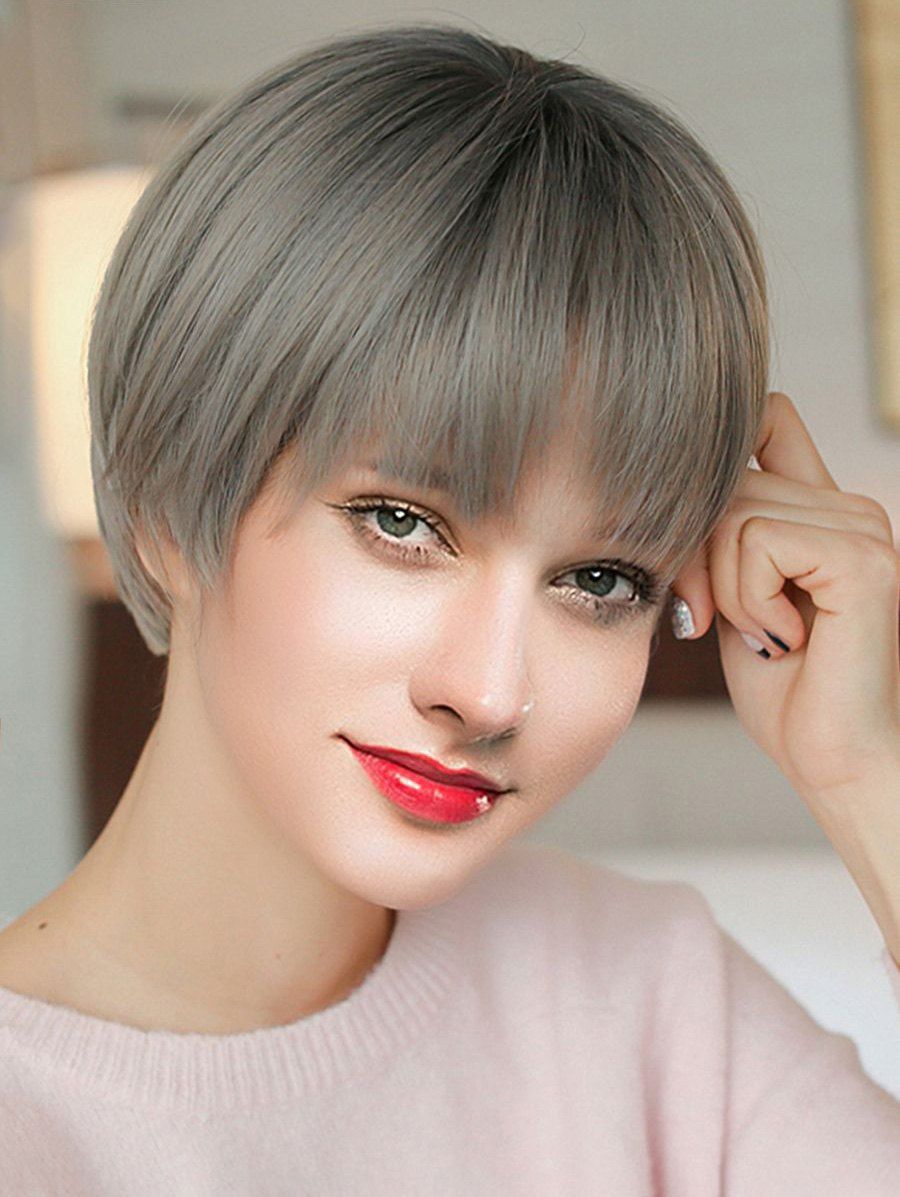 

Short See-through Bang Straight Colormix Synthetic Wig, Smokey gray