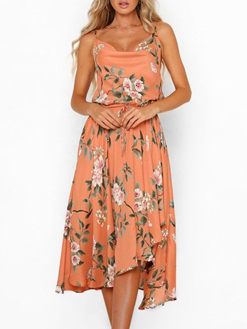 

Flower Elastic Waist Vacation Dress, Sunrise orange