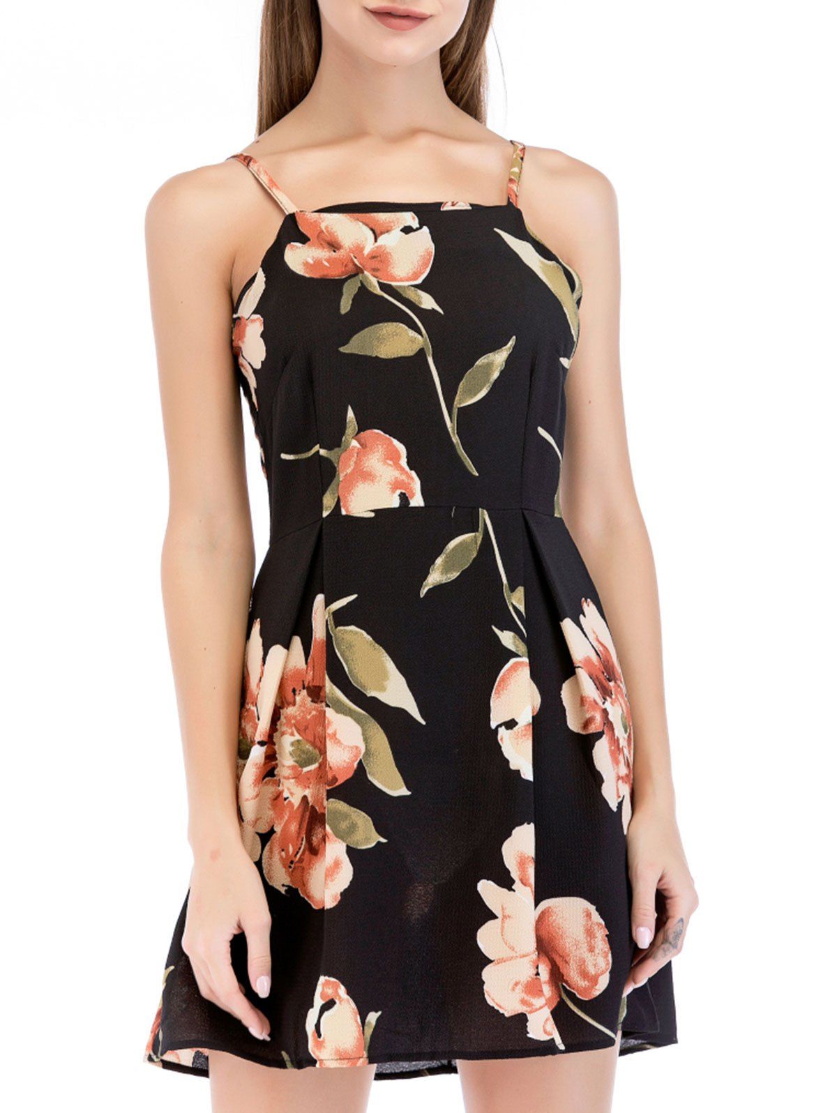 

Spaghetti Strap Flower Print Mini Dress, Black