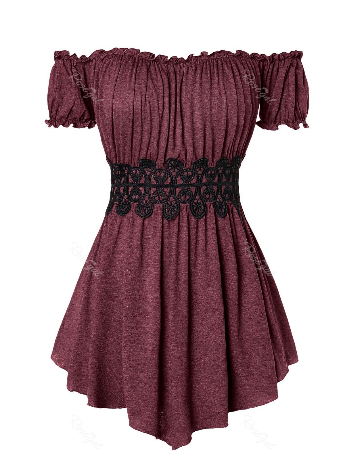 

Plus Size Off The Shoulder Pleated T Shirt, Red wine
