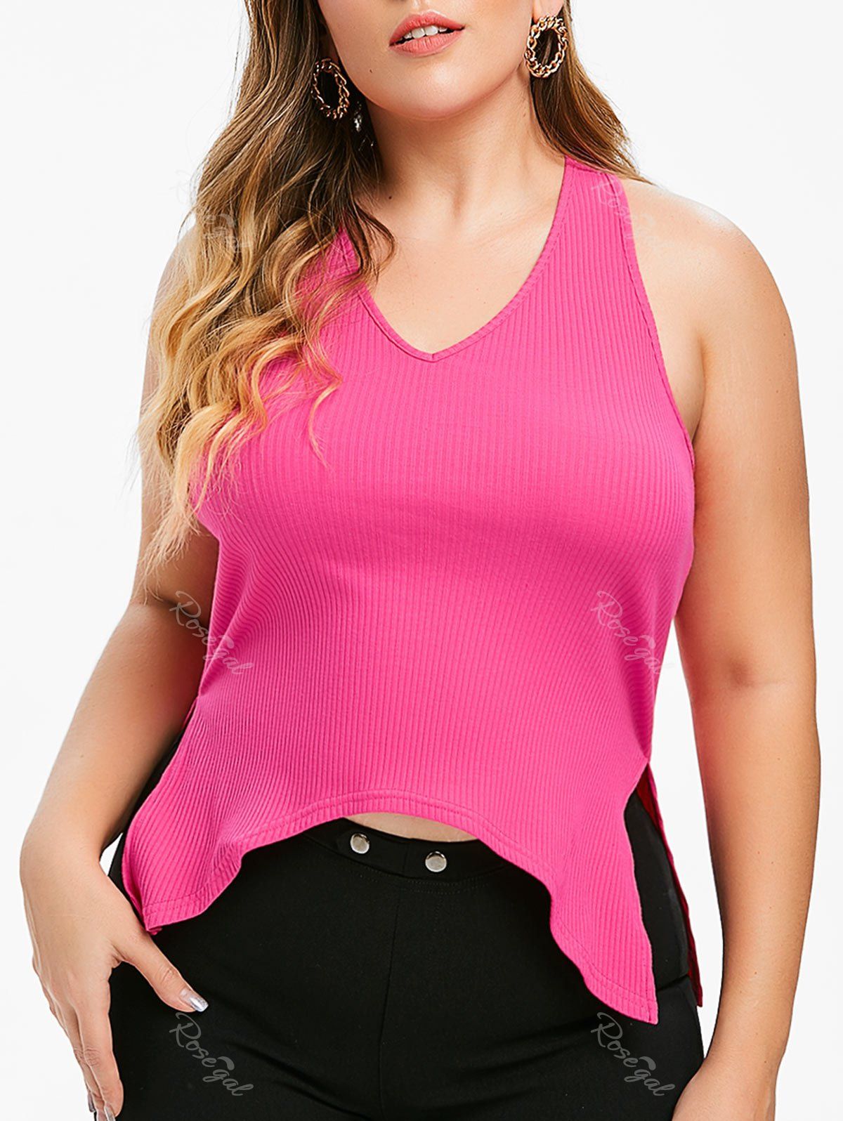 

Rosegal Plus Size Ribbed V Neck Slit Tank Top, Rose red