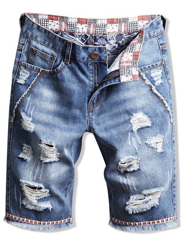 

Casual Fringed Ripped Jeans Shorts, Denim blue