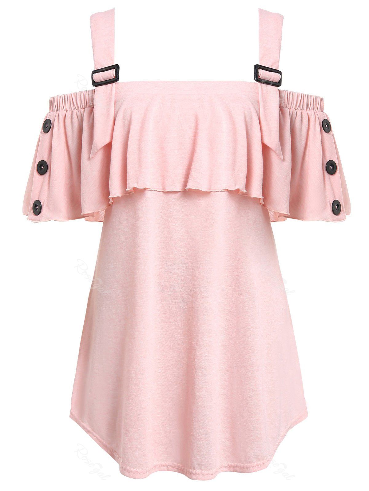 

Plus Size Open Shoulder Flounce T Shirt, Pink