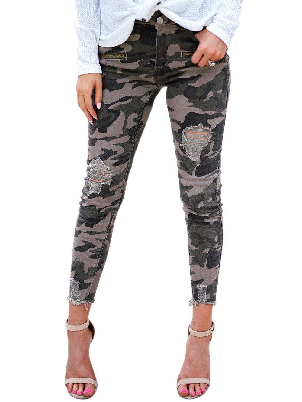 

Camo Ripped Frayed Skinny Pants, Army green