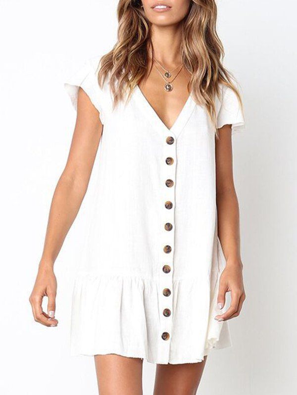 

Casual Button Up Flounce Dress, White
