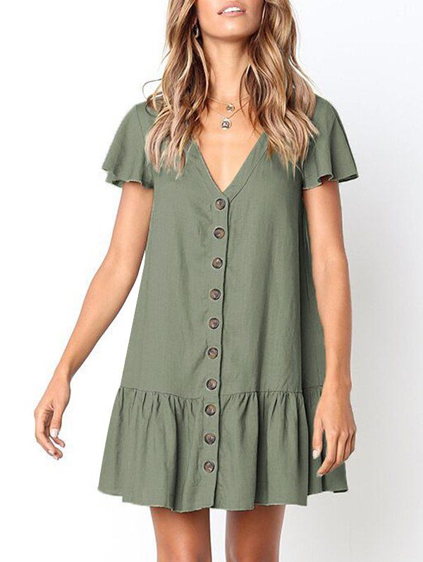 

Casual Button Up Flounce Dress, Dark sea green