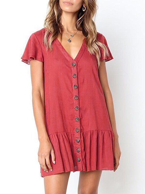 

Casual Button Up Flounce Dress, Red