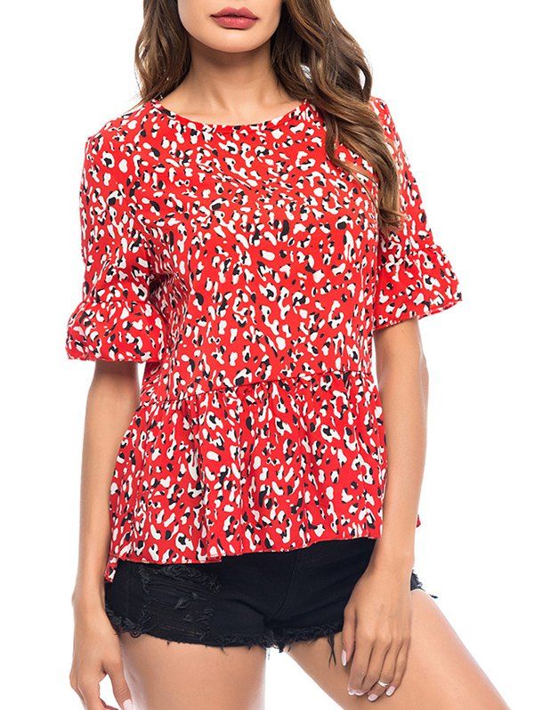 

Leopard Peplum Bell Sleeve Blouse, Red
