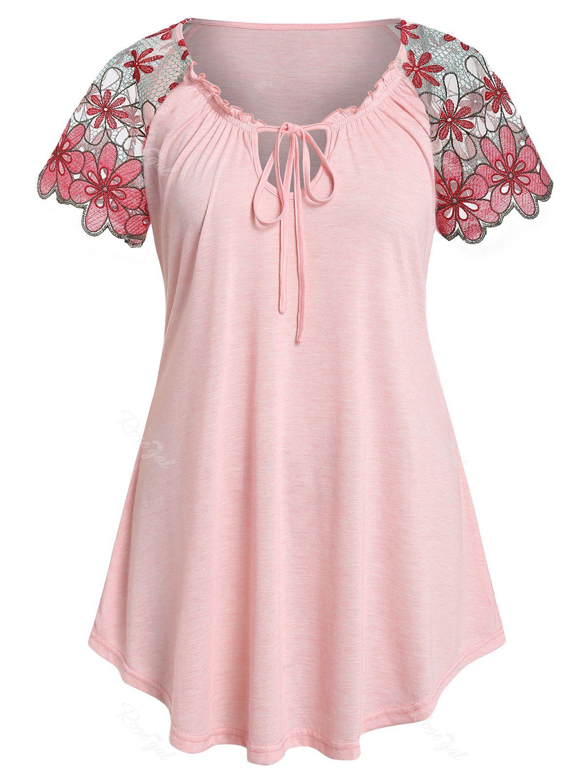

Plus Size Raglan Sleeve Lace Up T Shirt, Light pink