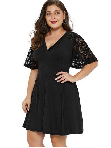 

Half Lace Sleeve Plus Size Plunging Neck Dress, Black