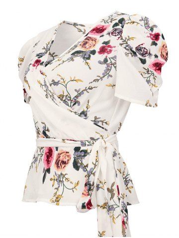 

V Neck Flower Wrap Blouse, White