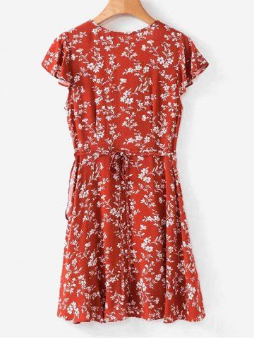 

Mini Floral Flounce Wrap Dress, Chestnut red