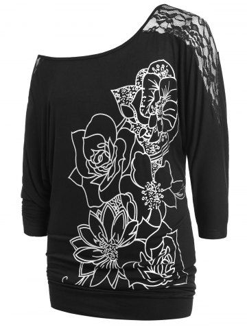 Plus Size Lace Panel Graphic T Shirt - BLACK - 2X