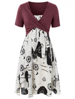 Plus Size Print Layered Midi Dress With Criss Cross Crop Top - RED WINE - 1X