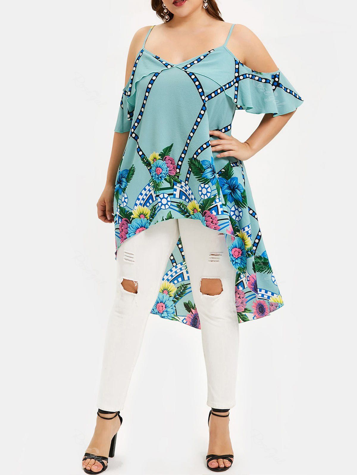 

Printed Ruffle Plus Size High Low Tunic, Multi