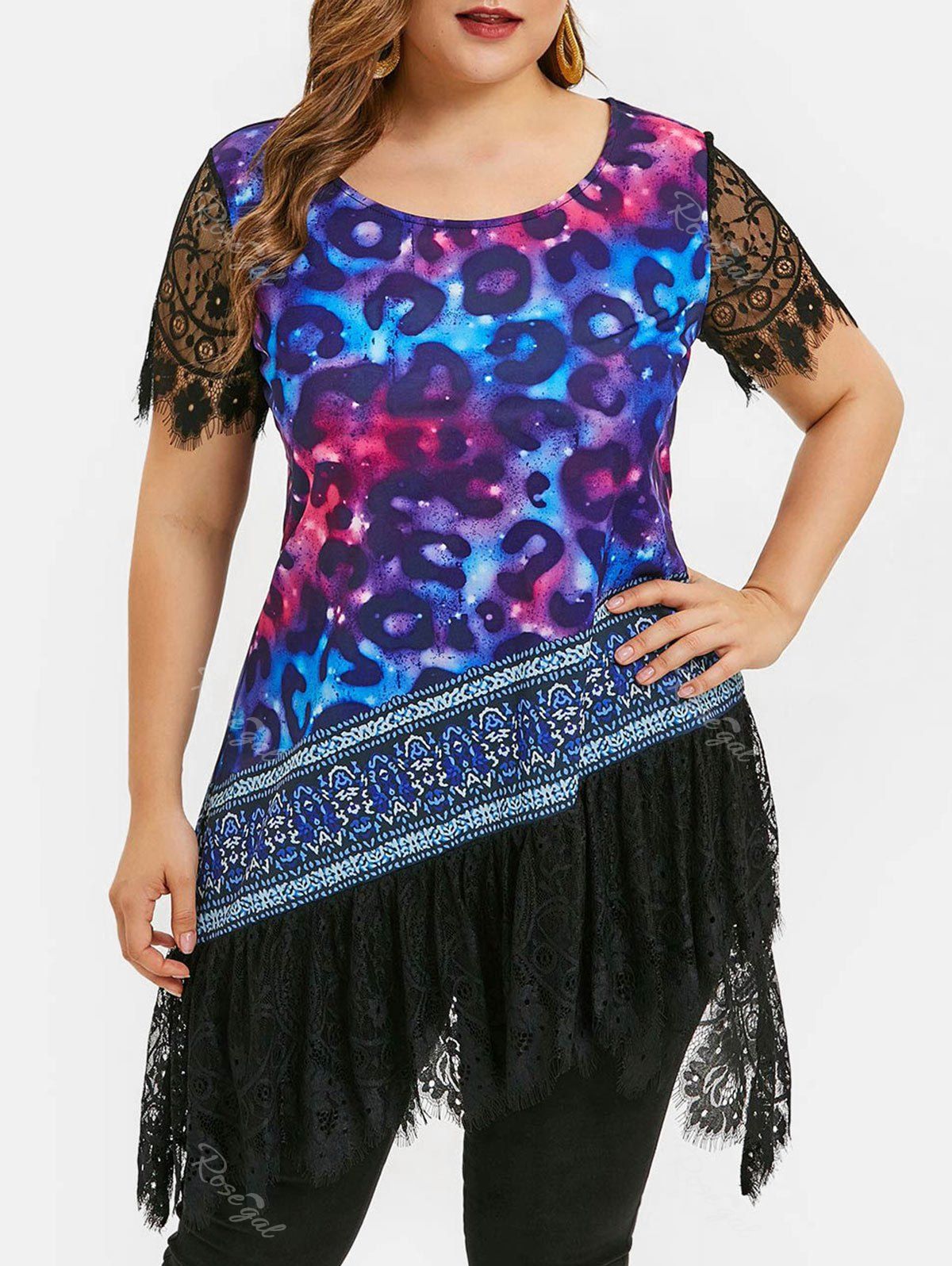 

Plus Size Lace Panel Asymmetric T Shirt, Multi