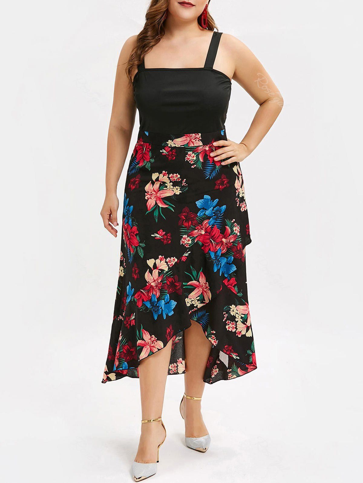 

Asymmetric Plus Size Floral Midi Dress, Black
