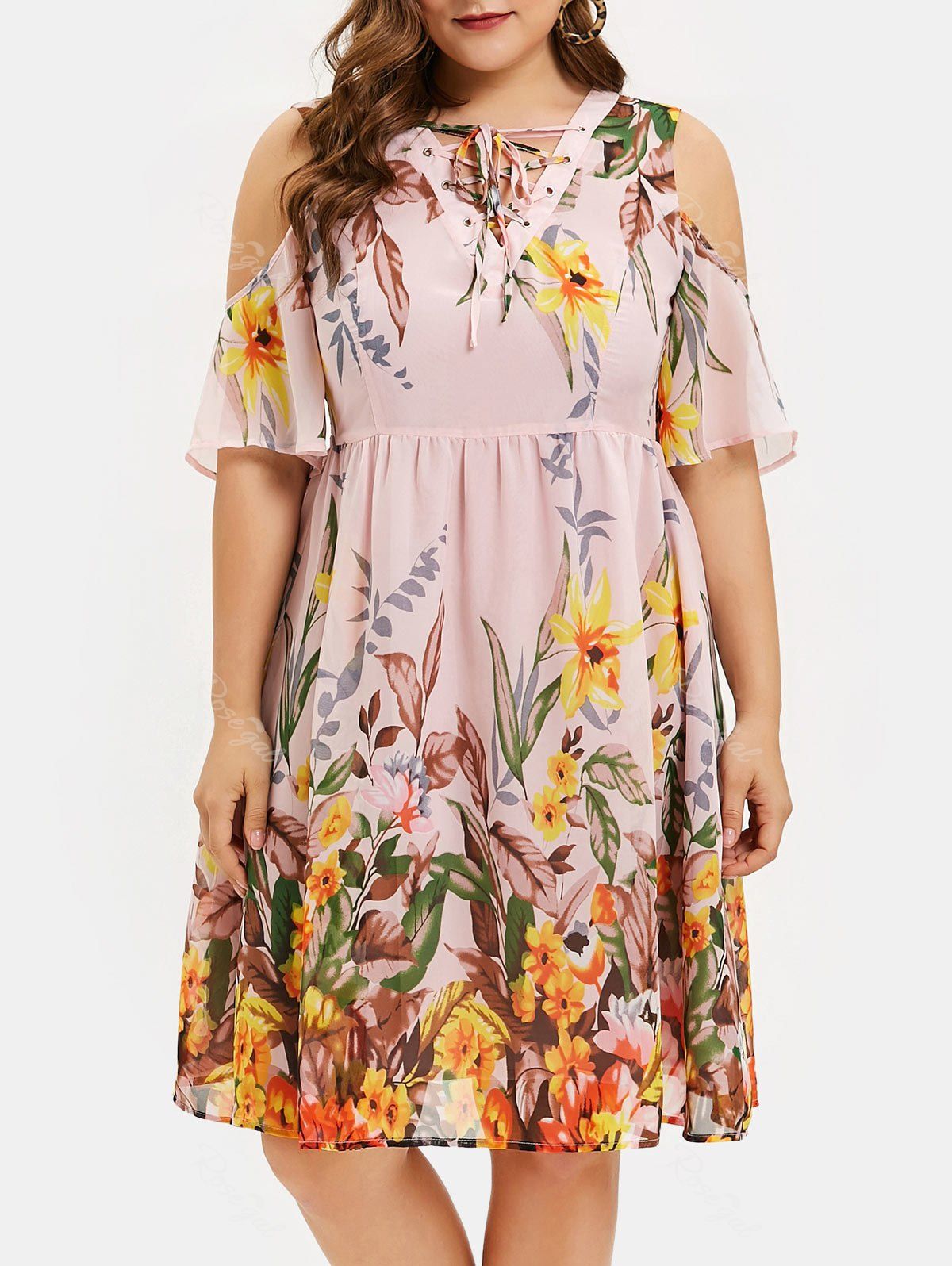 

Lace-up Plus Size Flower Cold Shoulder Dress, Pig pink