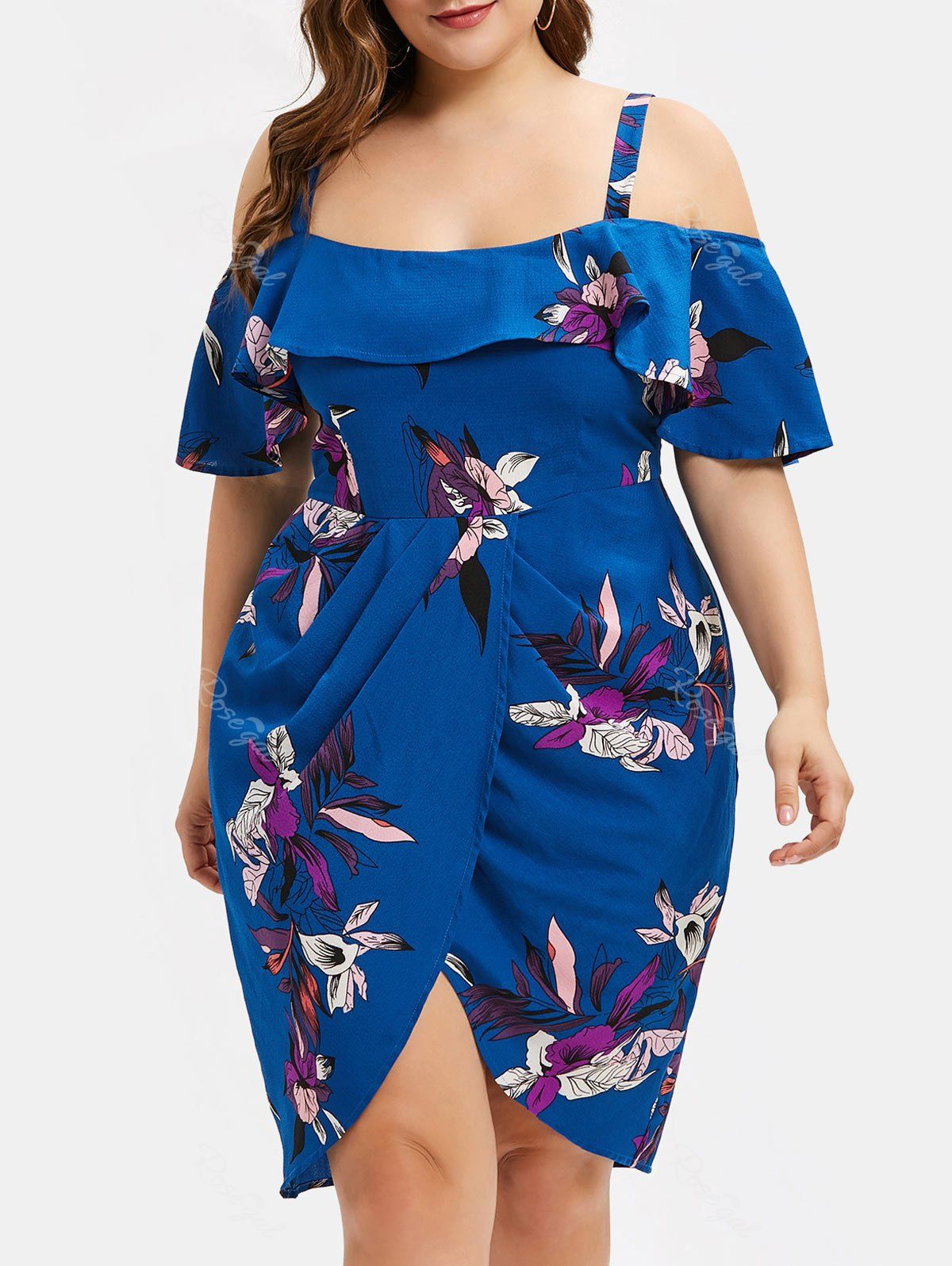 Plant Ruffle Plus Size Cold Shoulder Dress, Multi