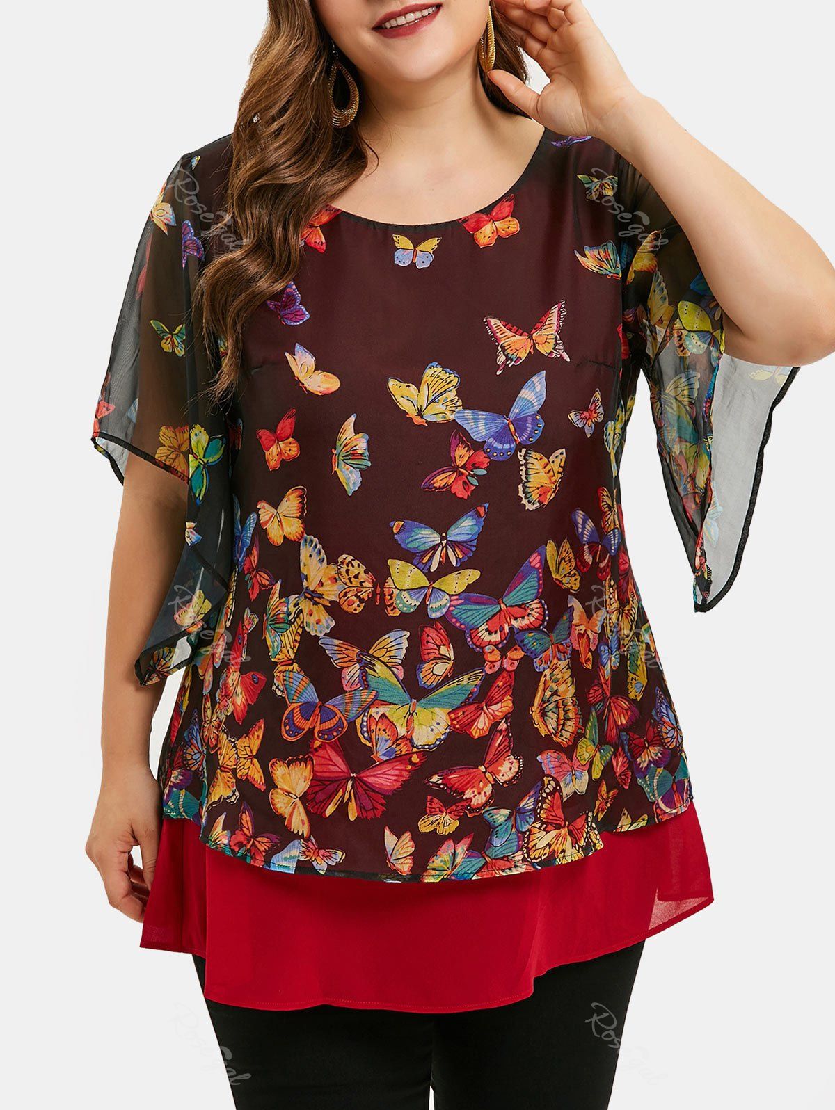 

Butterfly Print Overlay Plus Size Blouse, Multi