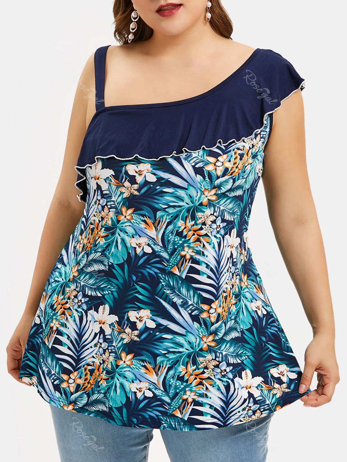 

Floral Leaf Plus Size Skew Collar Flounce Tee, Multi