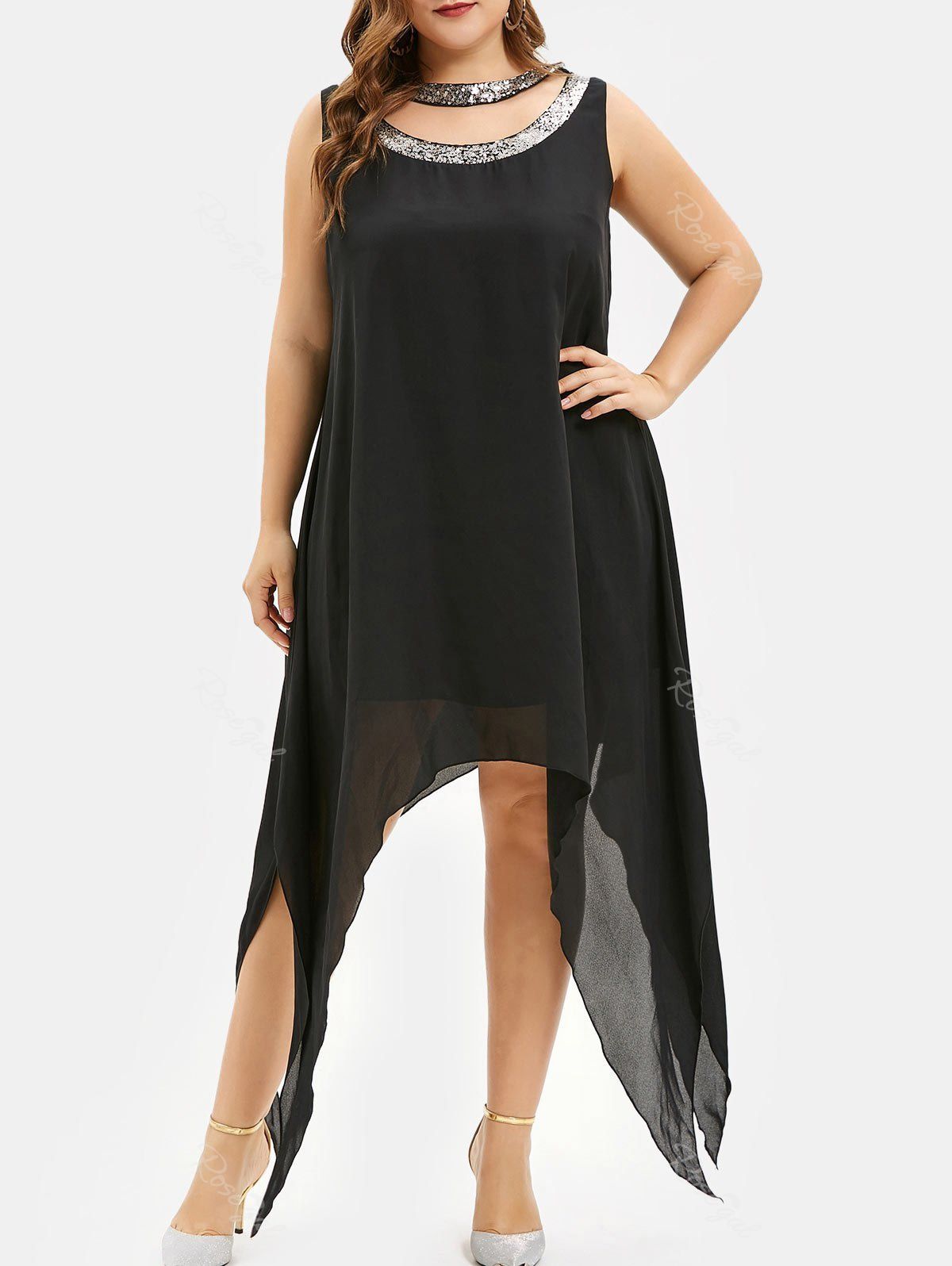 

Plus Size Sequins Cut Out Maxi Handkerchief Dress, Black