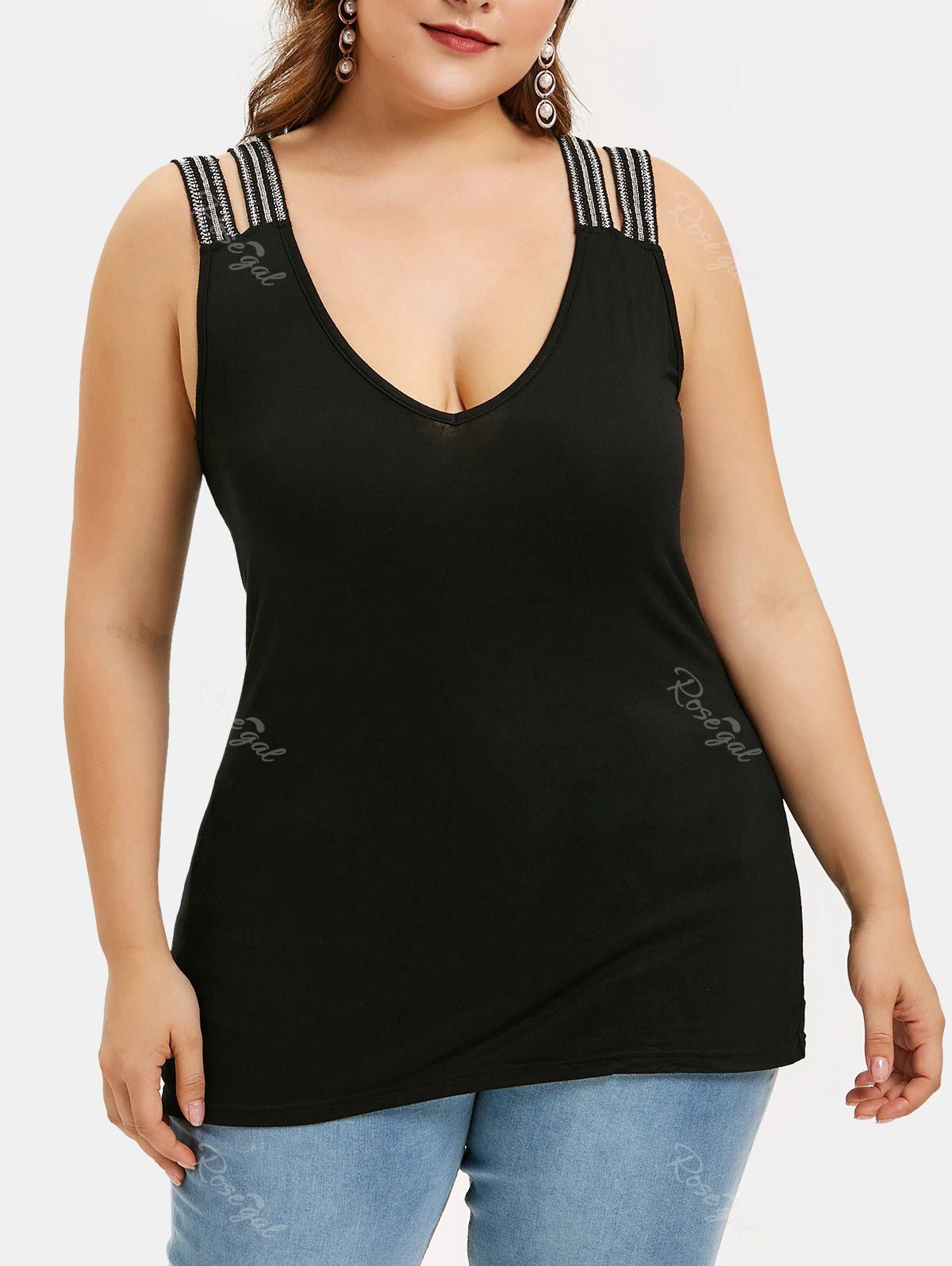 [25 Off] Plus Size Dual Strap Plunging Tank Top Rosegal