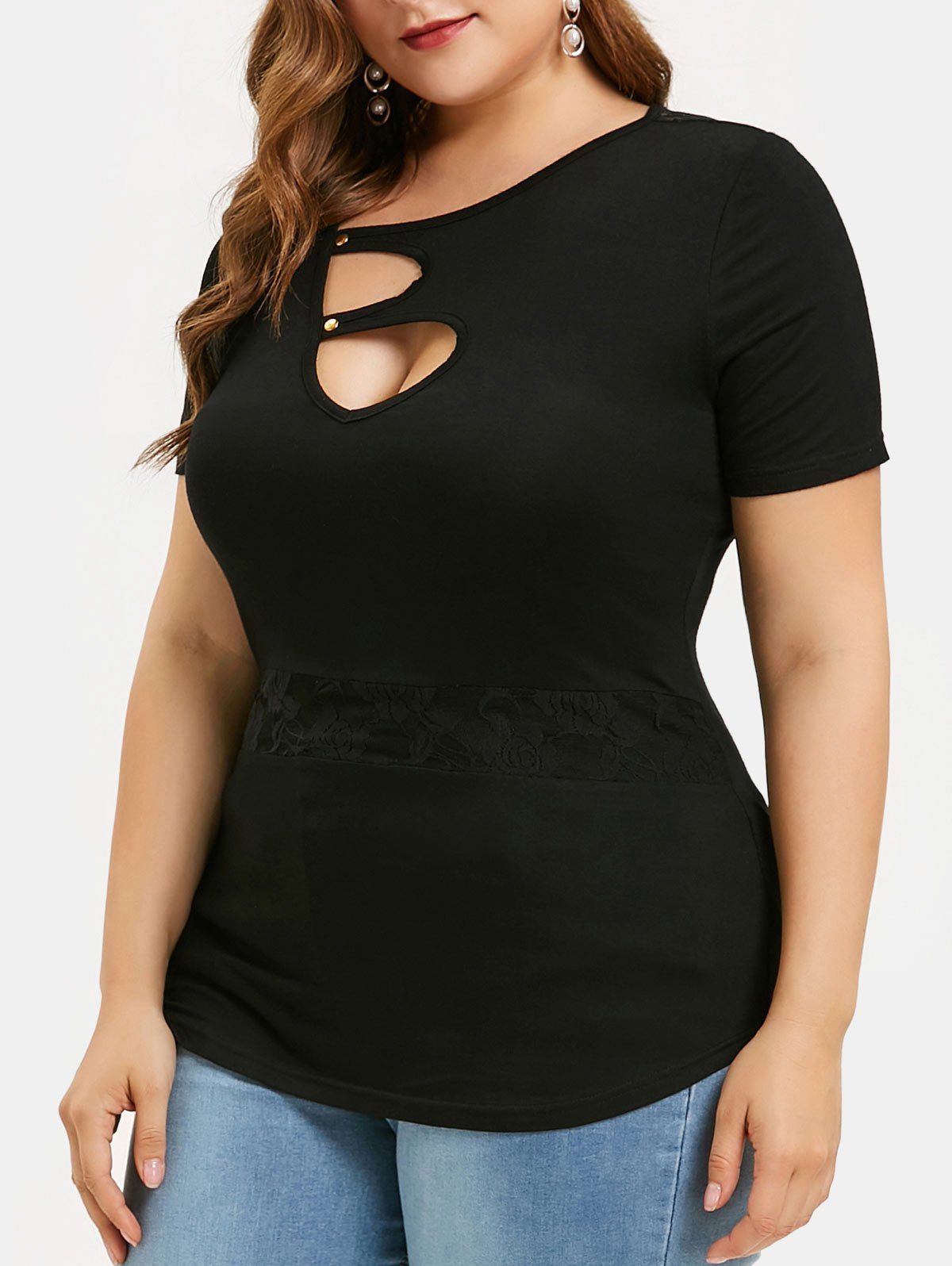 

Plus Size Lace Insert Cut Out T Shirt, Black