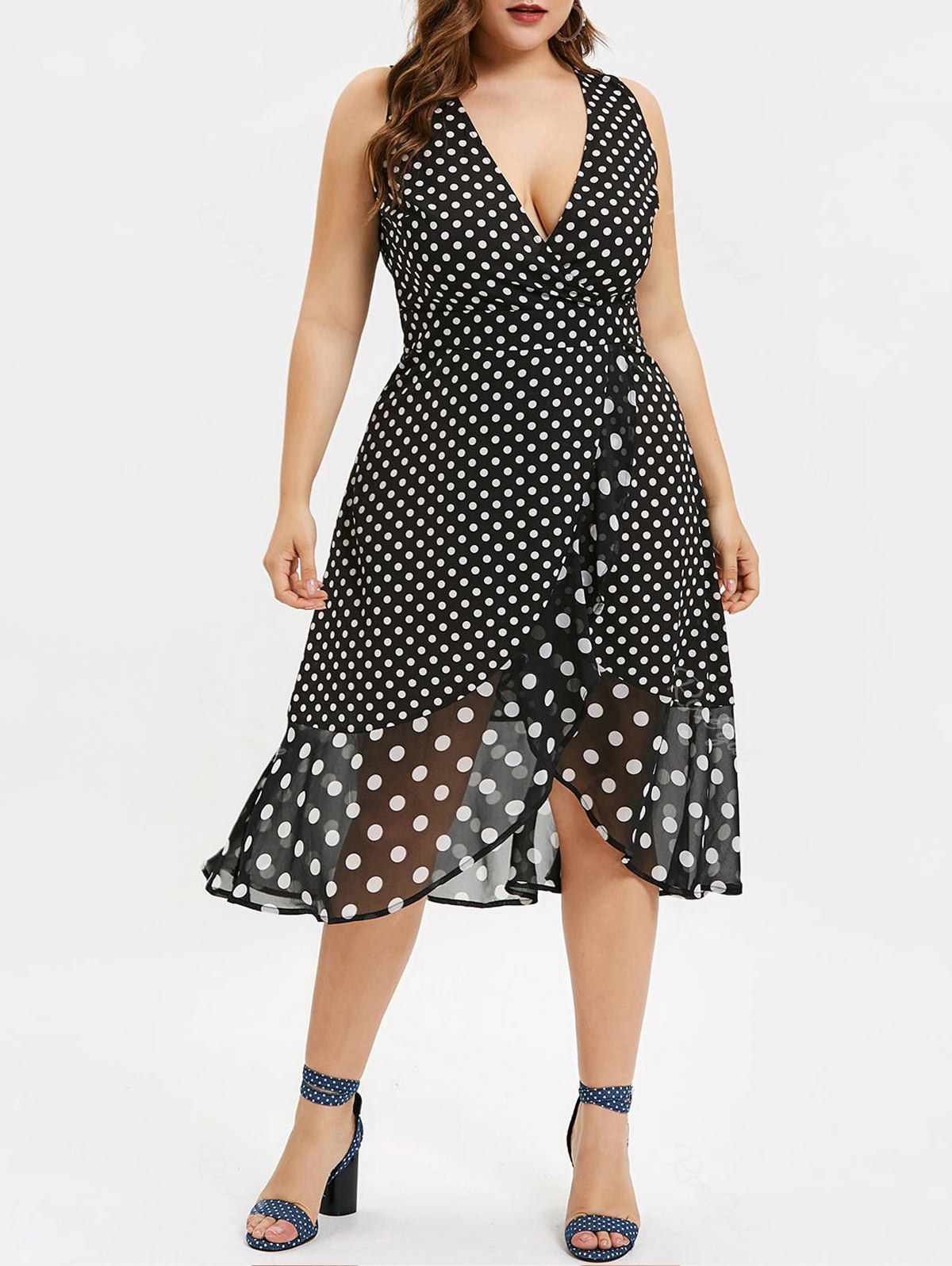 

Plus Size Polka Dot Print Plunge Dress, Jet black