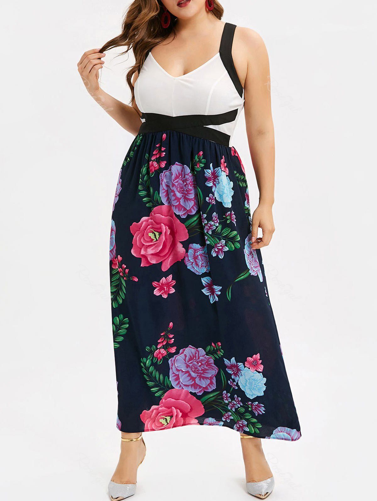 

Plus Size Color Block High Waist Maxi Dress, Deep blue