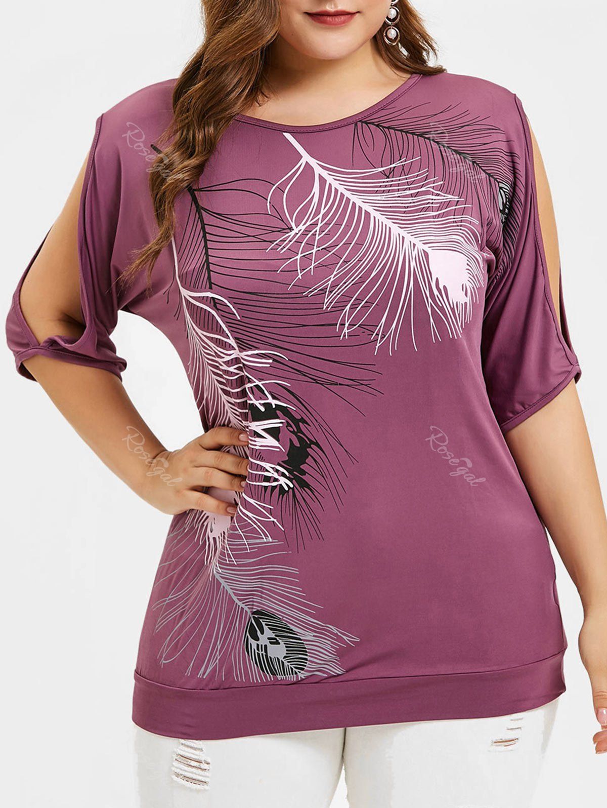

Plus Size Cut Out Feathers Printed Tee, Dark carnation pink