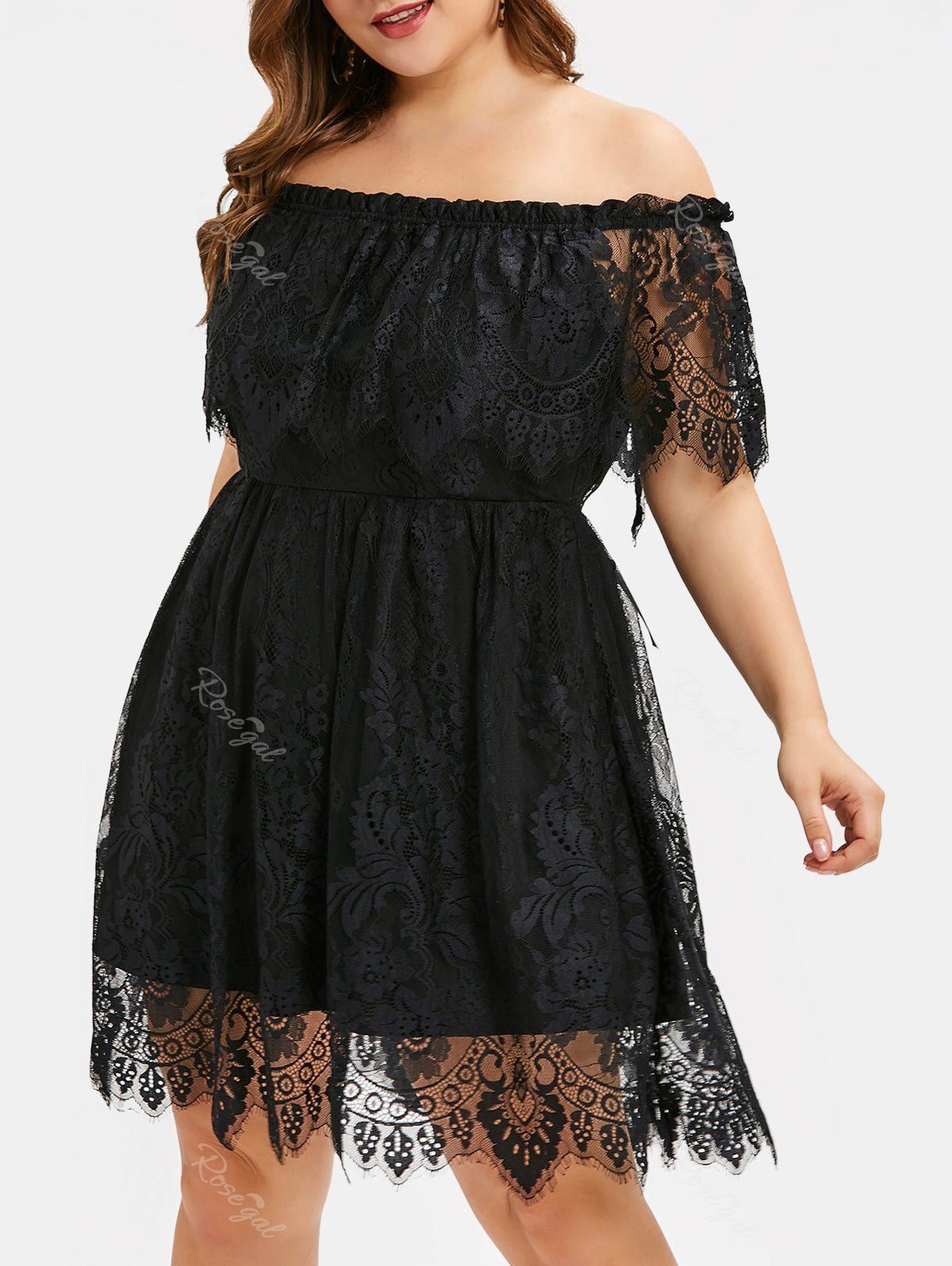 

Plus Size Off Shoulder Ruffled Bowknot Lace Dress, Black