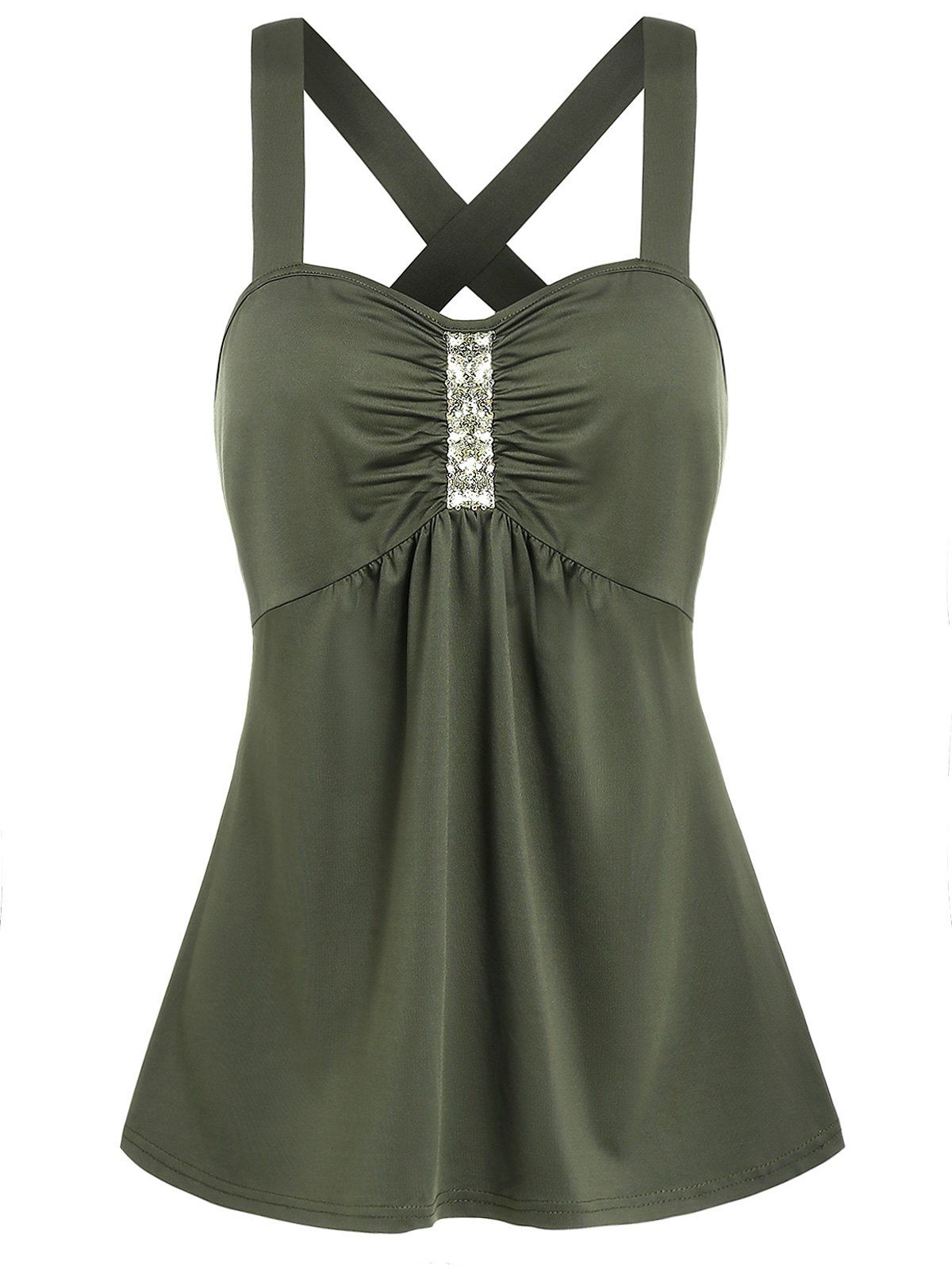 

Glitter Ruched Flare Tank Top, Army green