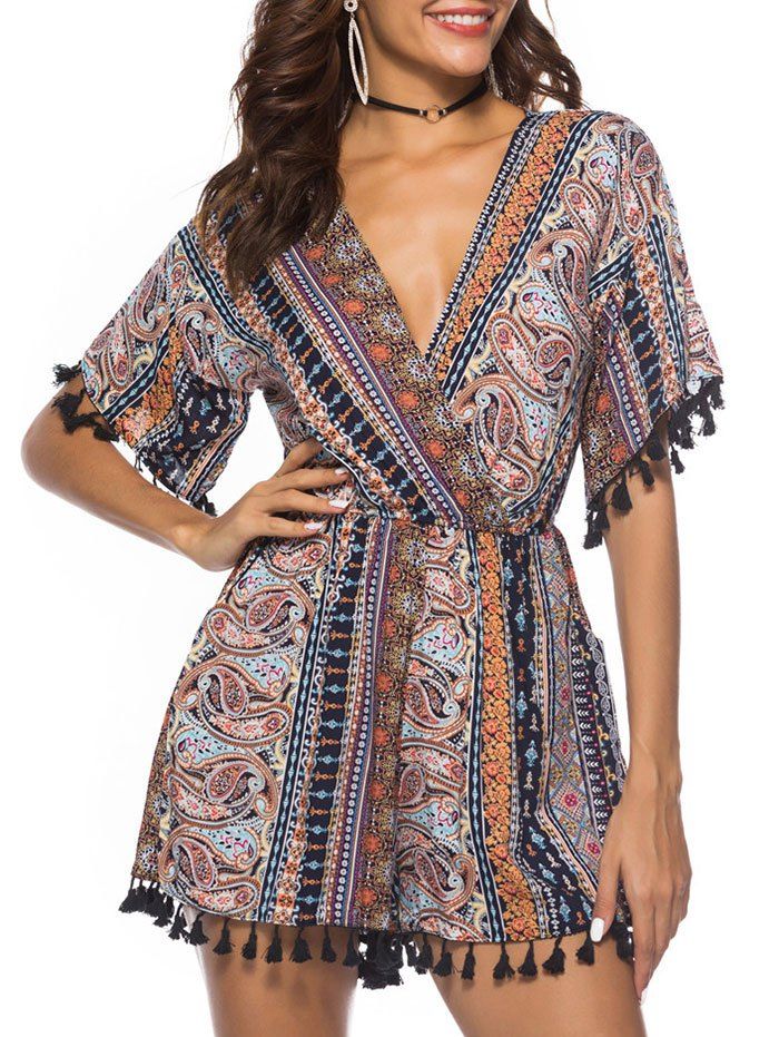 

Boho Paisley Print Tassel Plunge Romper, Multi