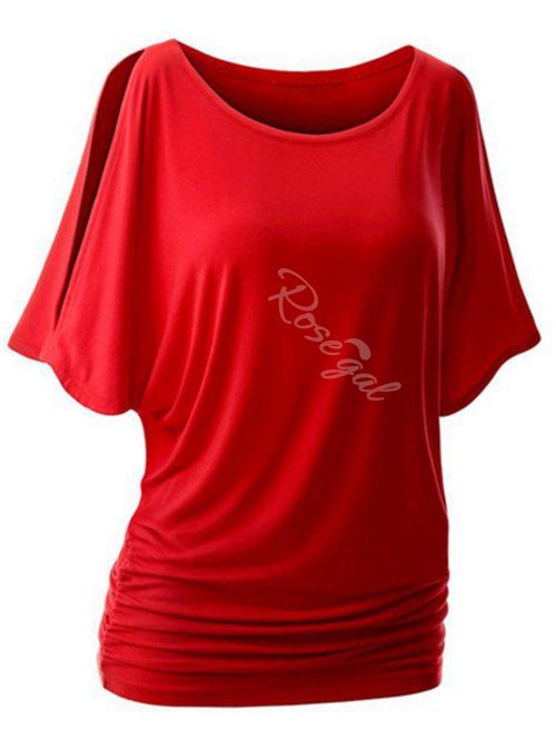 

Plus Size Round Neck Side Ruched T-shirt, Red