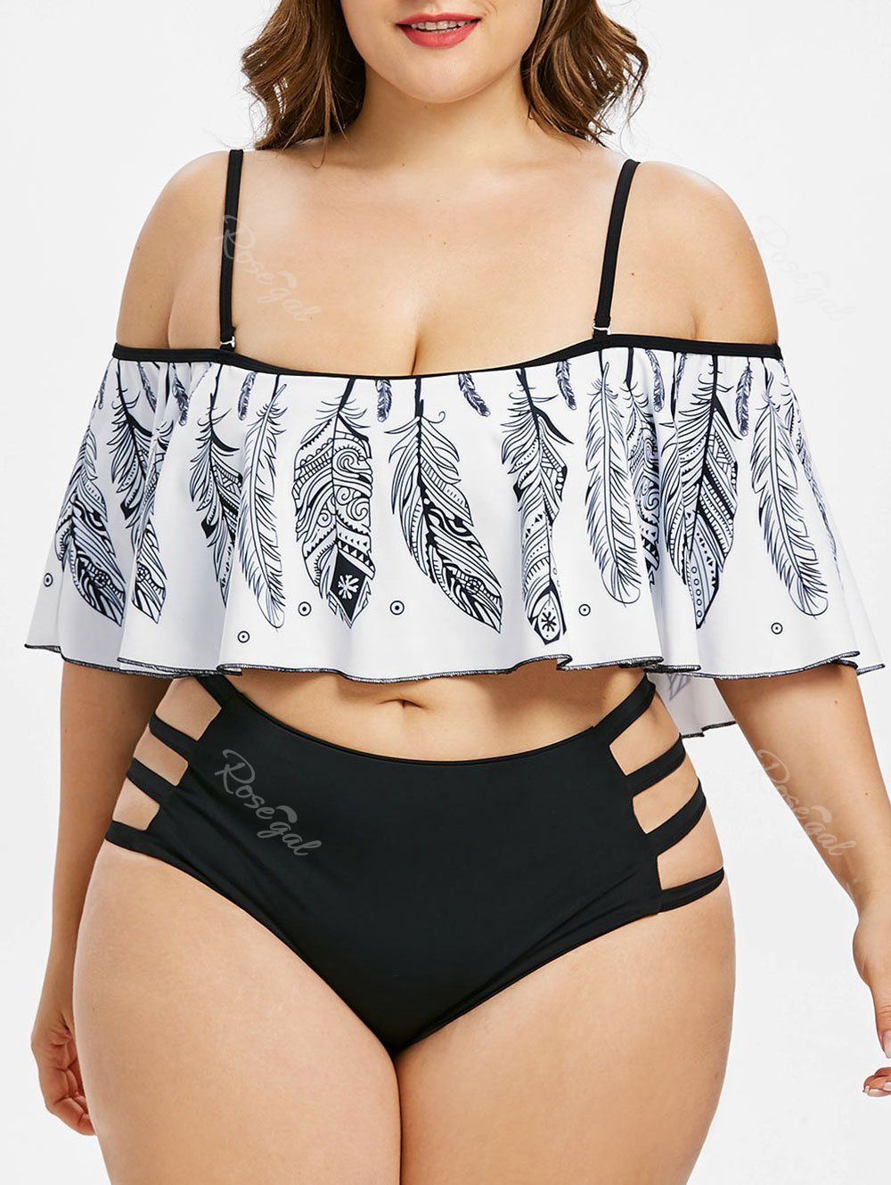 

Feather Print Ruffled Cut Out Plus Size Bikini Set, White
